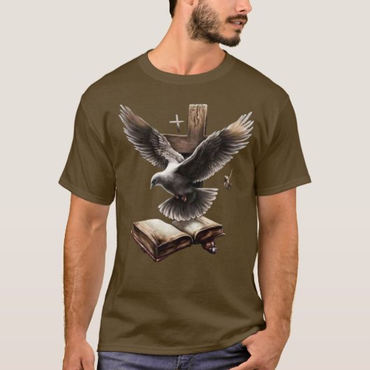 信仰の水の流れ – Dove, Bible & Cross Christian T-Shir Tシャツ (正面)