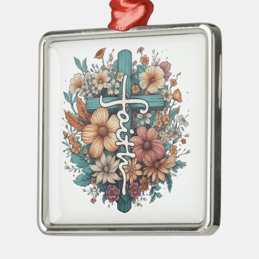 信仰の花は宗教的なキリスト教のクリスマスを越える メタルオーナメント (左)