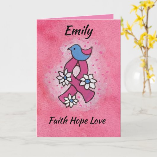 信仰の願い愛の乳がんピンクのリボンカード カード (黄色い花)