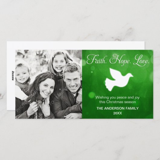 信仰の願い愛の宗教的なクリスマスの鳩グリーン シーズンカード (正面/裏面)
