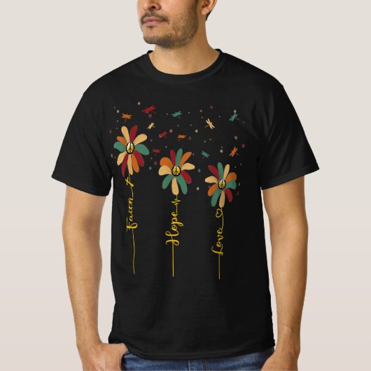 信仰の願い愛の平和サインデイジードラゴンフライヒッピー Tシャツ (正面)