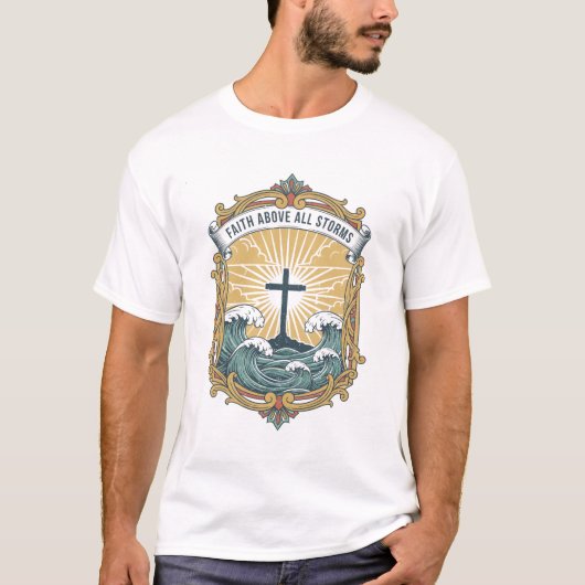 "信仰はすべての嵐を超えて" ヴィンテージシールドTシャツ Tシャツ (正面)