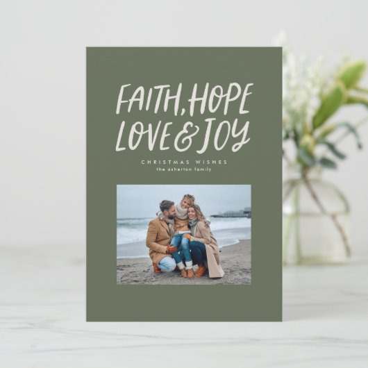 信仰は喜び愛を願う緑のクリスマス写真 シーズンカード (スタンド正面)