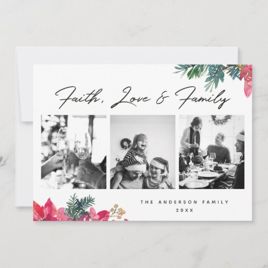 信仰は家族を愛する。宗教的なクリスマスフローラ シーズンカード (正面)