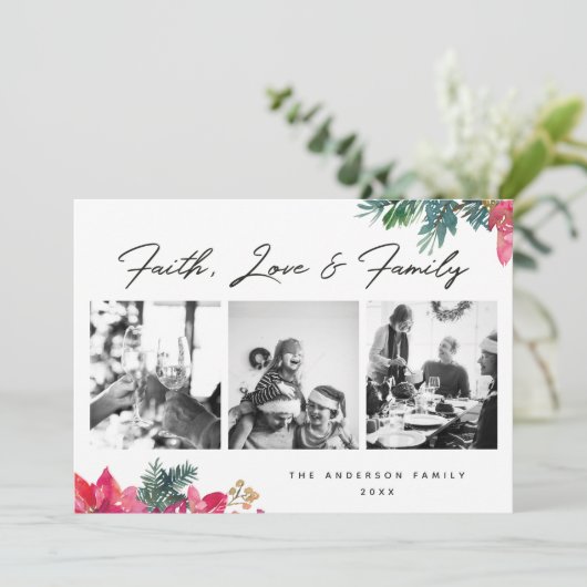 信仰は家族を愛する。宗教的なクリスマスフローラ シーズンカード (スタンド正面)