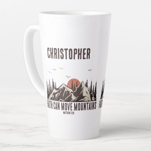 信仰は彼のために山のクリスチャン引用文を移動できる カフェラテマグ (左アングル)