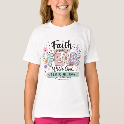 信仰は恐怖に勝つ フィリピの人への手紙 4:13 キッズTシャツ Tシャツ (正面)