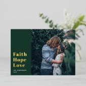 信仰は愛を願う。緑の金ゴールドクリスマスの宗教 箔シーズンカード (立ち正面)