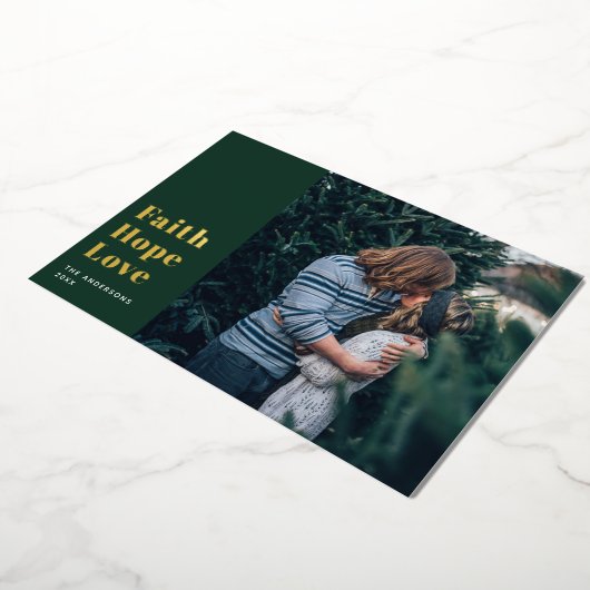 信仰は愛を願う。緑の金ゴールドクリスマスの宗教 箔シーズンカード (回転した状態)