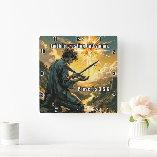 信仰は神の計画を信頼する。箴言3:5-6 スクエア壁時計 (ホーム)
