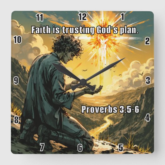 信仰は神の計画を信頼する。箴言3:5-6 スクエア壁時計 (正面)