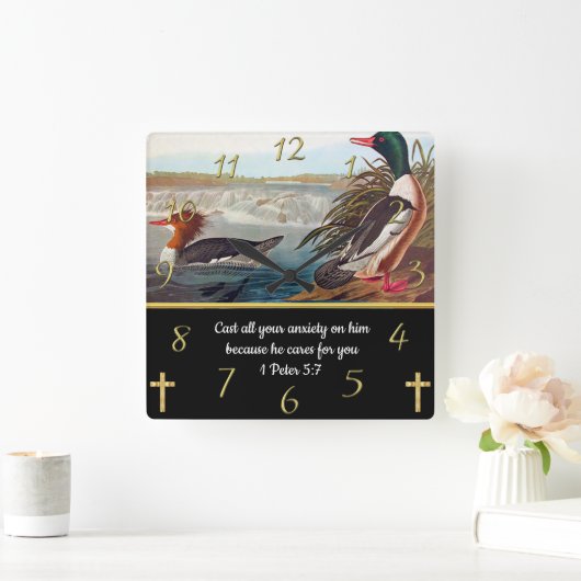 信仰は2羽のアヒルと交差する1ペテロ5:7 スクエア壁時計 (ホーム)