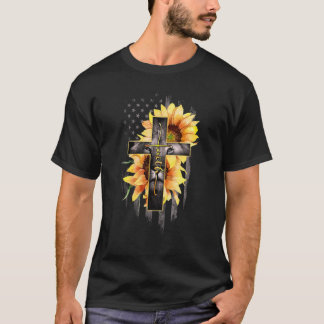 信仰クロスキリスト教ライオンひまわりアメリカ国旗 Tシャツ