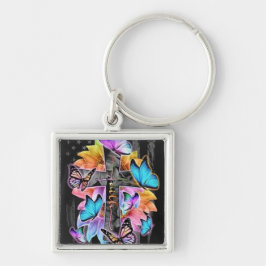 信仰クロス、蝶と花 キーホルダー