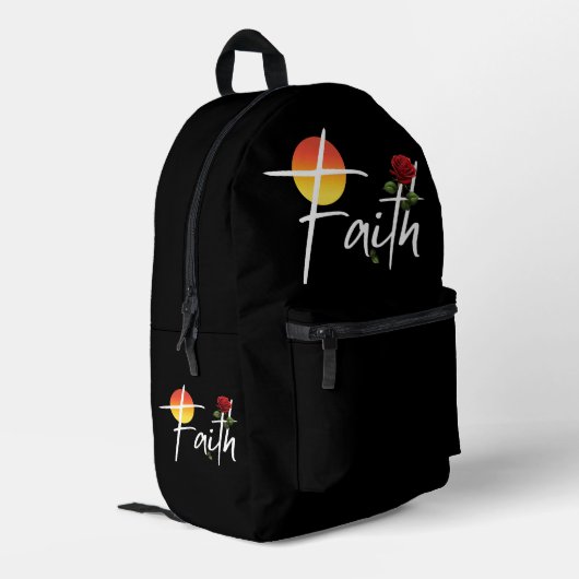 信仰タイポグラフィとバラ プリントバックパック (裏面左端)
