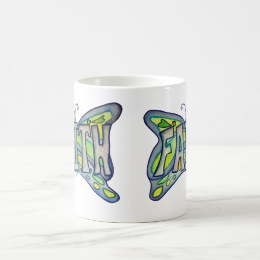 信仰ワードアートブルーバタフライウィングコーヒーカップ コーヒーマグカップ (中央)