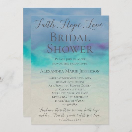 信仰希望ラブウォーターカラーエレガントブライダルシャワー 招待状 (正面/裏面)