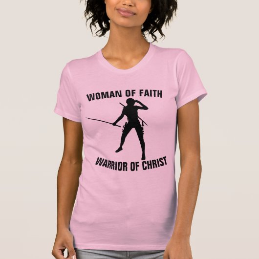 信仰心のある戦士の女性、クリスチャンTシャツ婦人用 Tシャツ (正面)