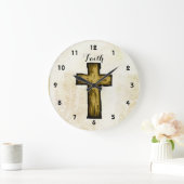 信仰茶色の木製クロスの希望とインスピレーション ラージ壁時計 (ホーム)
