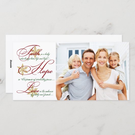 信仰、希望、愛の赤と金ゴールドクリスマスフォトカード シーズンカード (正面/裏面)