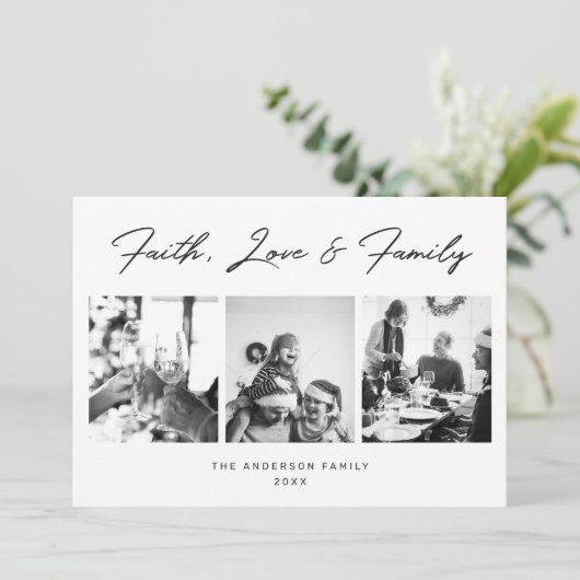 信仰、愛、家族のクリスマス。写真モダン数々の シーズンカード (スタンド正面)