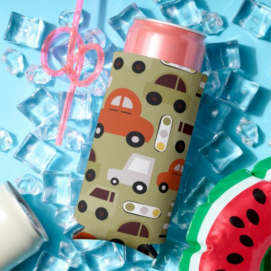 信号オレンジ色の車パターン スリム缶クーラー (インサイチュ 夏)