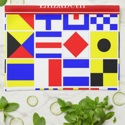 信号カラフルフ航海のラグ赤名モノグラム キッチンタオル (折り畳み)