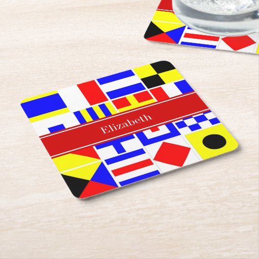 信号カラフルフ航海のラグ赤名モノグラム スクエアペーパーコースター (アングル)