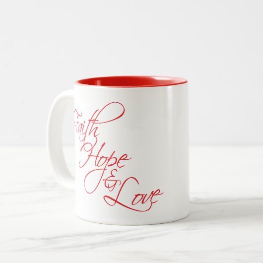 信頼希望および愛 --3個の最も素晴らしいギフト ツートーンマグカップ (正面左)
