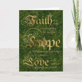 信頼、希望は、緑および金ゴールドのクリスマスカードを愛します シーズンカード
