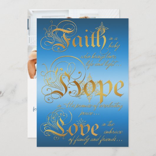 信頼、希望は、青、金ゴールドの写真のクリスマスカードを愛します シーズンカード (正面/裏面)