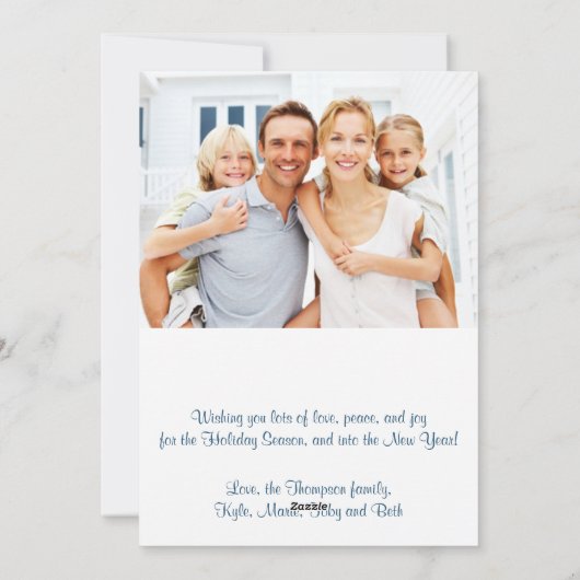 信頼、希望は、青、金ゴールドの写真のクリスマスカードを愛します シーズンカード (裏面)