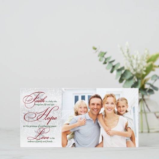 信頼、希望、愛銀製のクリスマスのフォトカード シーズンカード (スタンド正面)