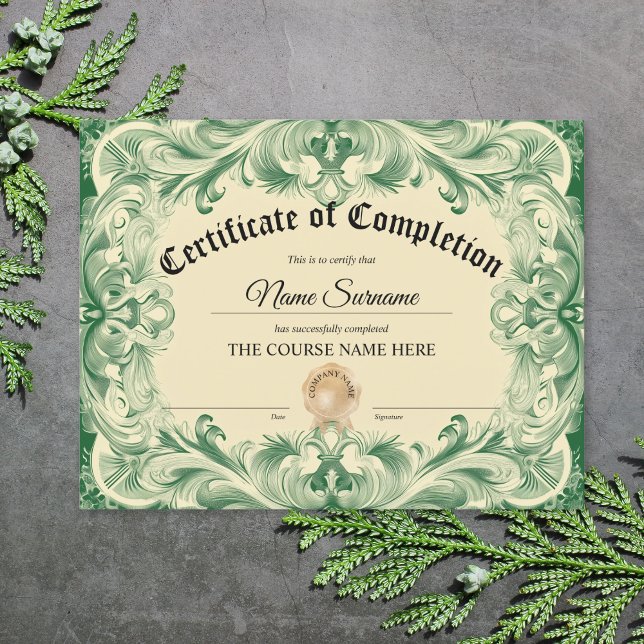 修了証授与コース (certificate of completion with green ornate border)