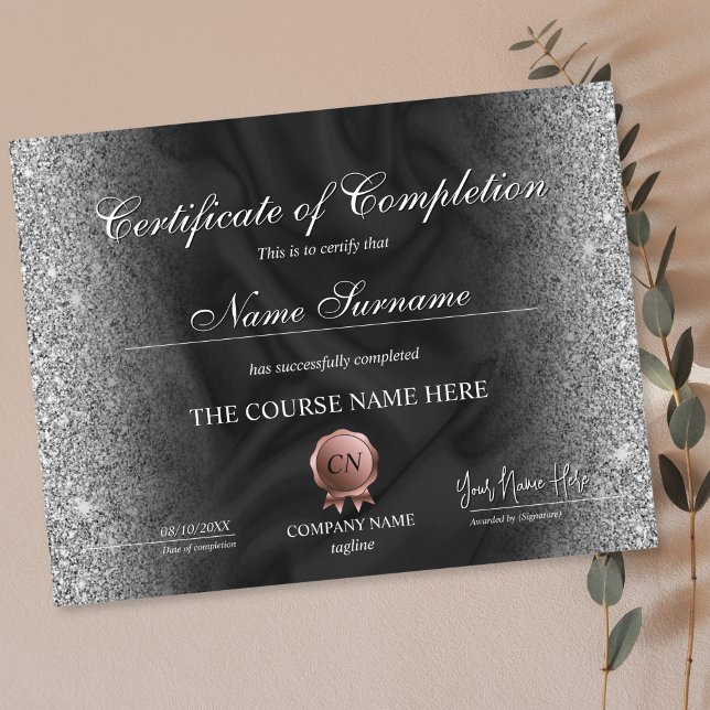 修了証明書 賞 受講修了 (certificate of completion with black silk background and silver glitter on the edges)