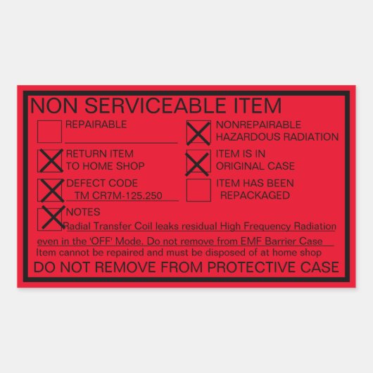 修復不可能な漏れ放射線ステッカー 長方形シール (正面)