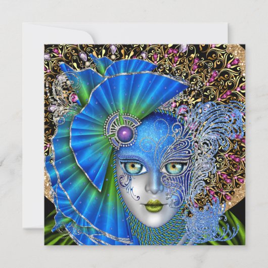 修正されたマスカレードマルディグラス招待状 招待状 (正面)