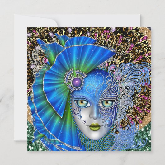 修正されたマスカレードマルディグラス招待状 招待状 (正面)