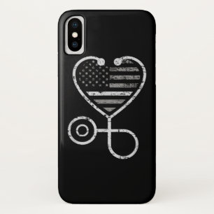 修正ナース薄い灰色の線ハートUSフラグ iPhone X ケース