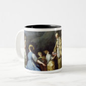 修道士のグループへの若い女の子の提供の卵 ツートーンマグカップ (正面左)