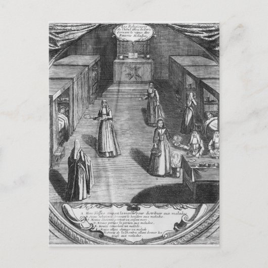 修道女が患者に食べ物を提供 ポストカード (正面)