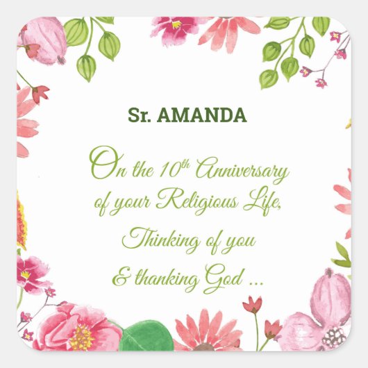 修道院10周年記念水彩花 スクエアシール (正面)