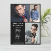 俳優・モデル3枚写真プロコンポジットカードテンプレート ブラック 招待状 (スタンド正面)