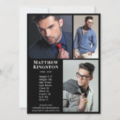 俳優・モデル3枚写真プロコンポジットカードテンプレート ブラック 招待状 (正面)