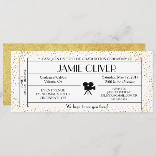 俳優/映画テーマの卒業のチケットの発表 招待状 (正面/裏面)