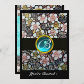 俳句/ 春の花 青いターコイズジェム モノグラム 招待状 (正面/裏面)