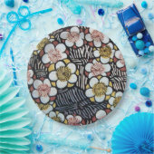 俳句/白黒ピンクイエロー春の花 ペーパープレート (パーティー)