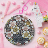 俳句/白黒ピンクイエロー春の花 ペーパープレート (パーティー)