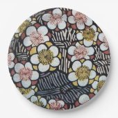 俳句/白黒ピンクイエロー春の花 ペーパープレート (正面)