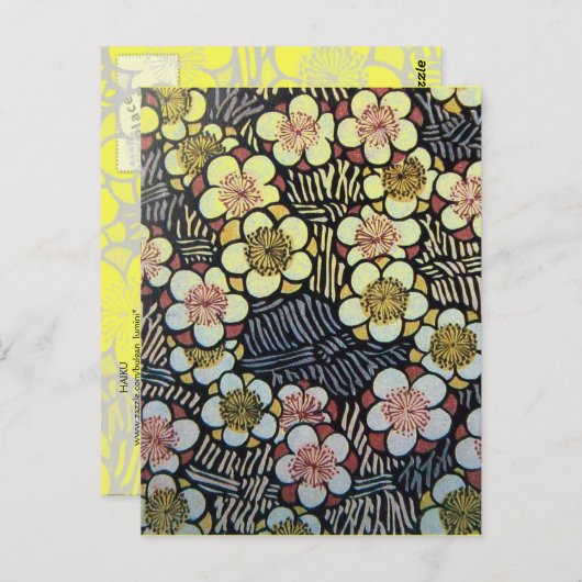 俳句/白黒ピンクイエロー春の花 ポストカード (正面/裏面)